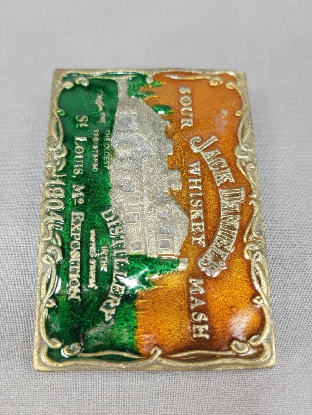 Vtg Jack Daniel's Sour Mash Whiskey Belt Buckle Enamel 1904 ***Broken***